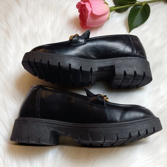 Streetwear Society Black Chunky Loafers Gold Chain Slip-On Lug  Heels Size 7 - Picture 8 of 12